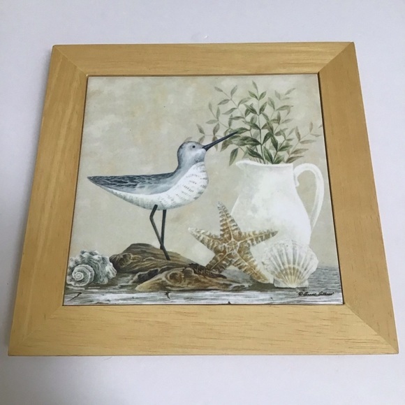 Vintage Diane Arthurs Framed Ceramic Tile Trivet Sandpiper Shells 8x8” Wall Art - Picture 14 of 14
